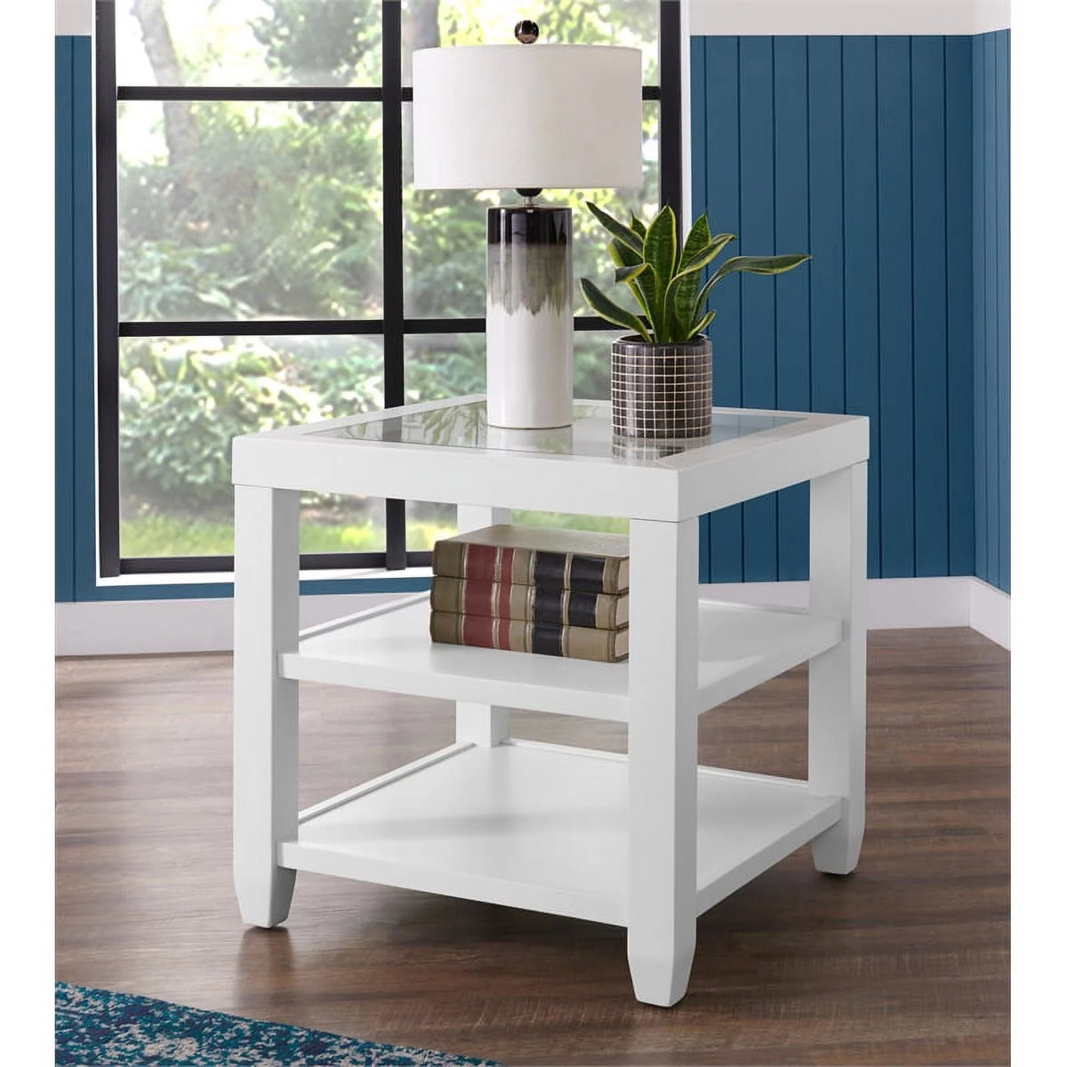 White Wood and Glass Top End Table with Shelves X42696