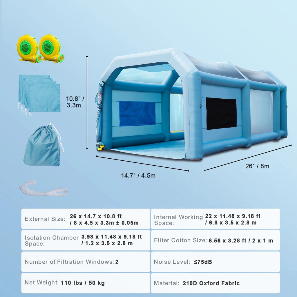 Inflatable Paint Booth 26x15x11ft with Filter System Blower A156028