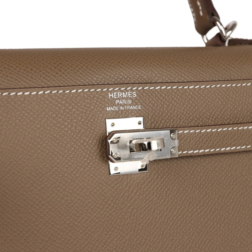 Kelly 25 Etoupe Epsom Palladium Hardware Bag A105