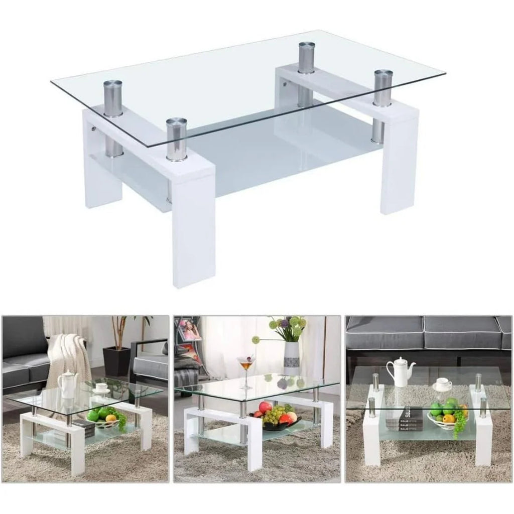 Glass Top White Coffee Table with Lower Shelf T961573