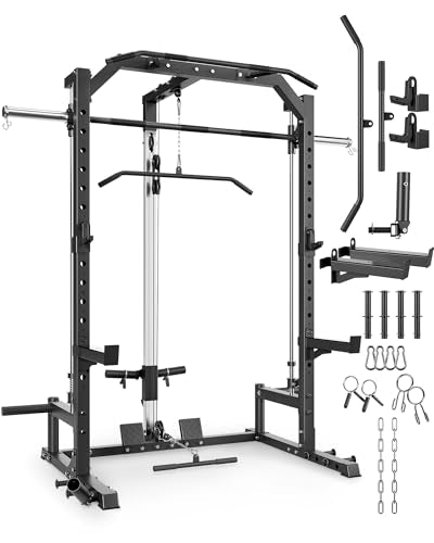 Smith Machine Home Gym with Barbell Bar, Cable System, Lat Pulldown Attachments, Safety Spotter Arms, J Hooks, Landmine, Multi-Functional Squat Rack G53238
