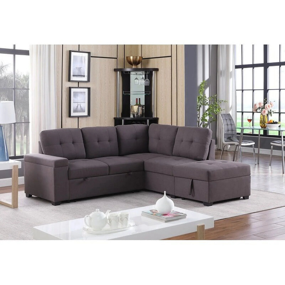 Linen Sleeper Sectional Sofa with Storage Ottoman V16354