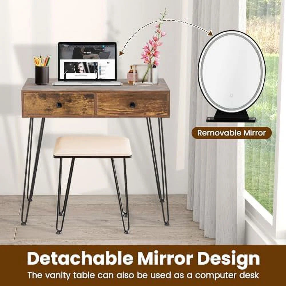 Vanity Desk with Mirror and Lights Makeup Dressing Table Set with Stool W197264