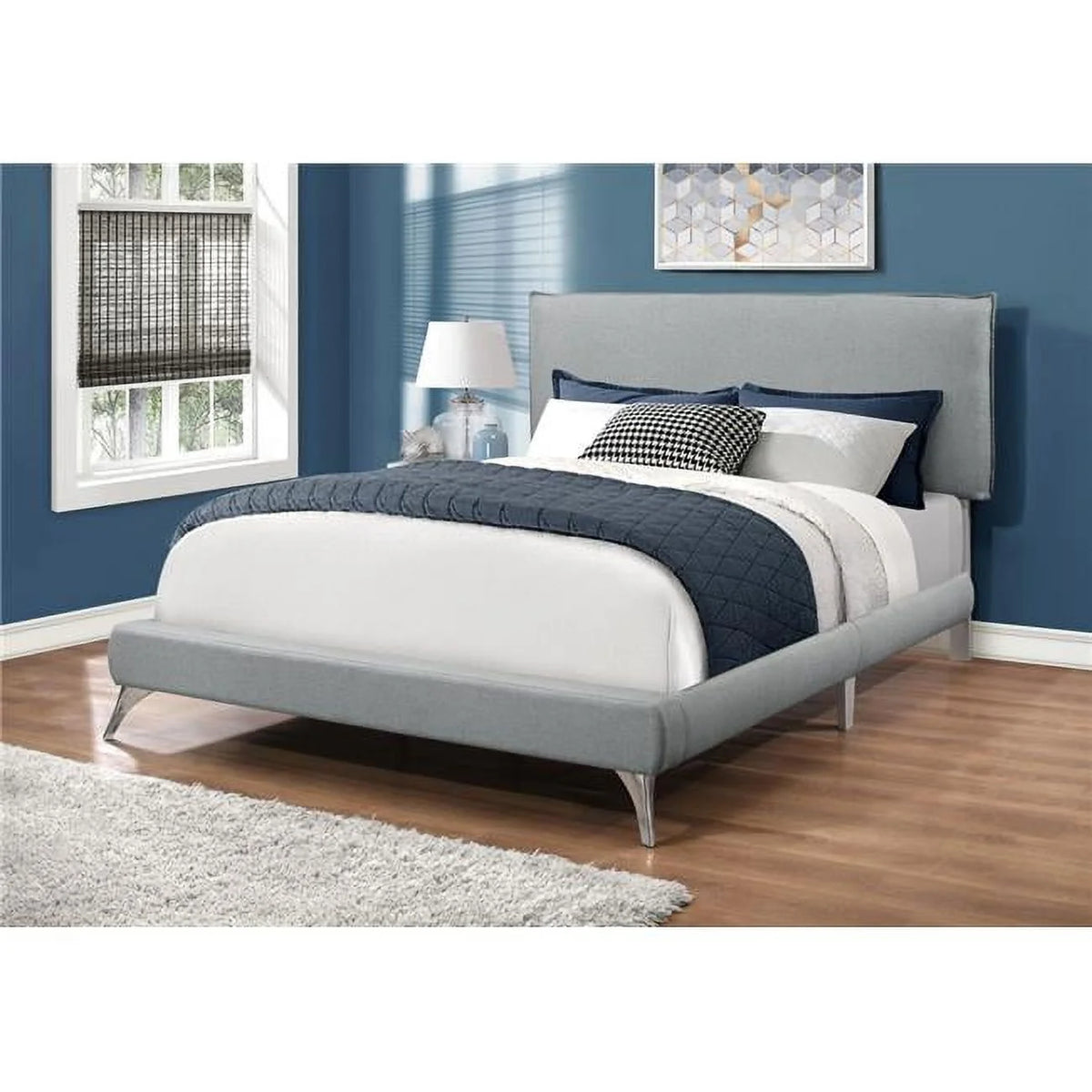 Grey Linen Queen Size Bed with Chrome Legs K721