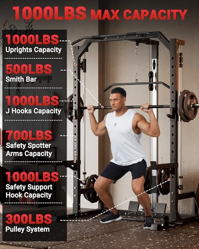 Smith Machine Home Gym with Barbell Bar, Cable System, Lat Pulldown Attachments, Safety Spotter Arms, J Hooks, Landmine, Multi-Functional Squat Rack G53238