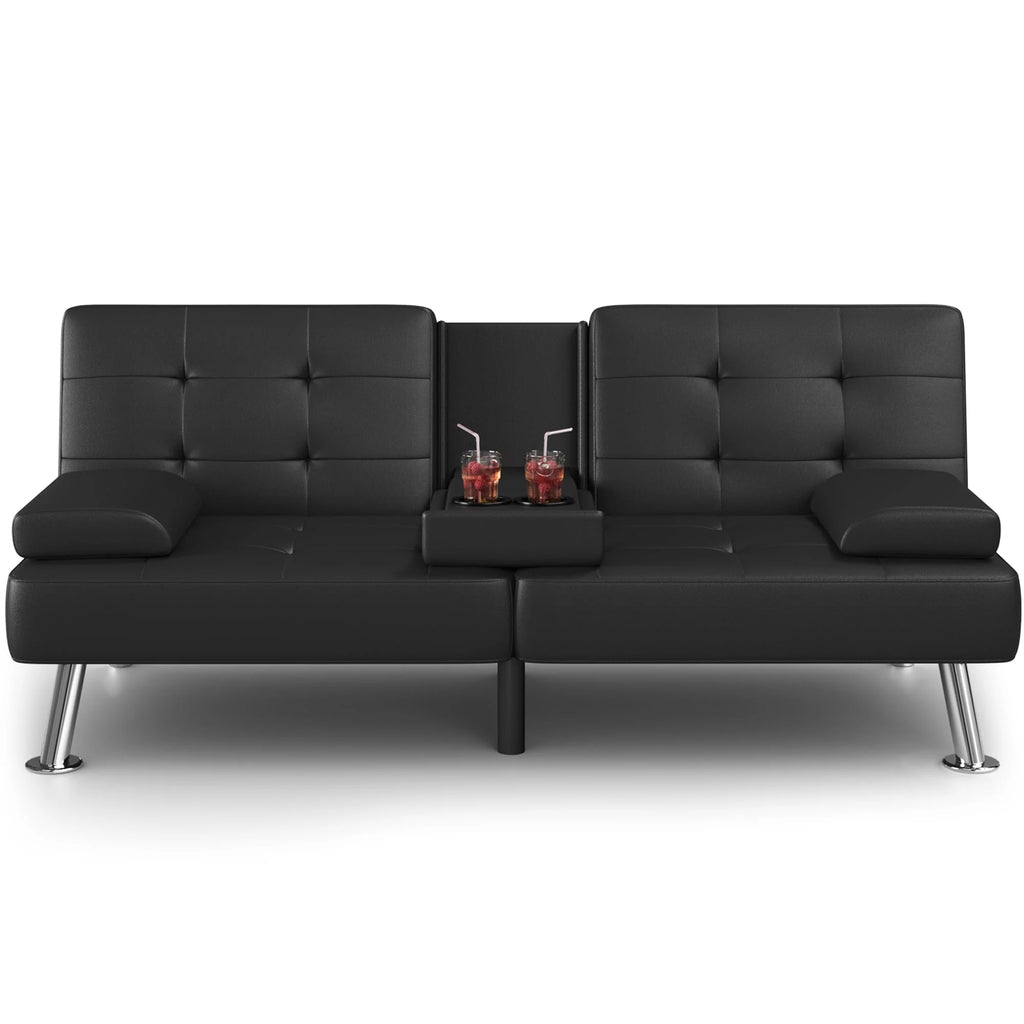 Faux Leather Convertible Futon Sofa Bed with 2 Cup Holders T272651