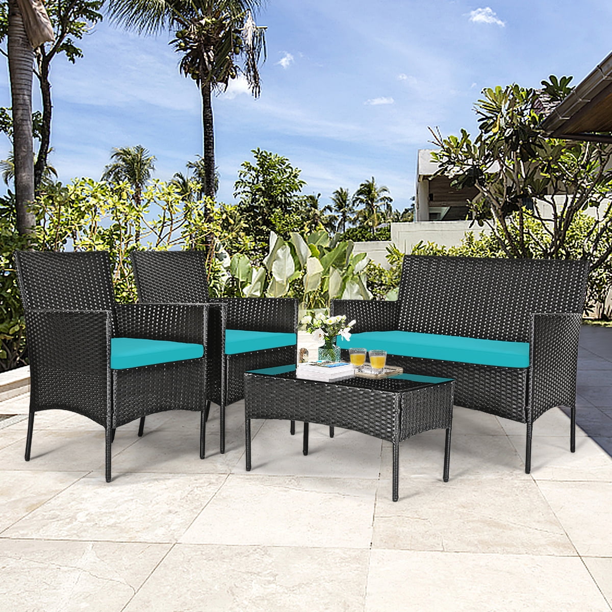 4 Pieces Patio Rattan Furniture Set Cushioned White H710219