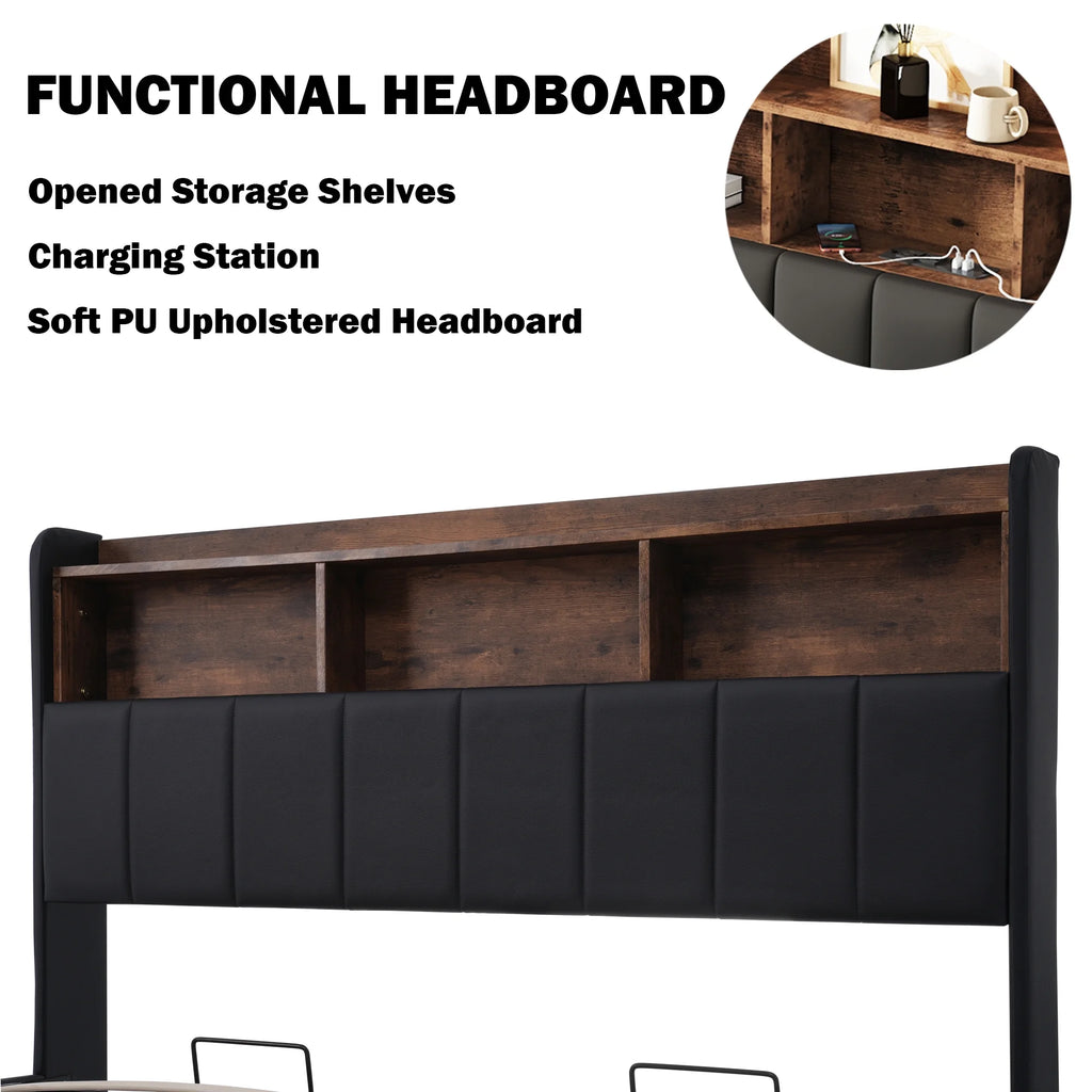 Black Full Size PU Upholstered Platform Bed with Storage Headboard X381