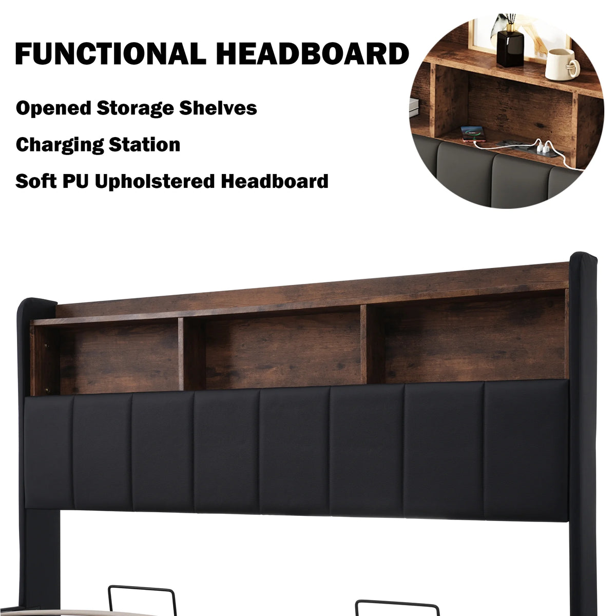 Black Full Size PU Upholstered Platform Bed with Storage Headboard X381