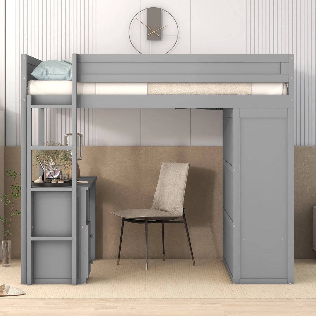 Wood Full Size Loft Bed with Storage Desk, Drawers and Wardrobe V102