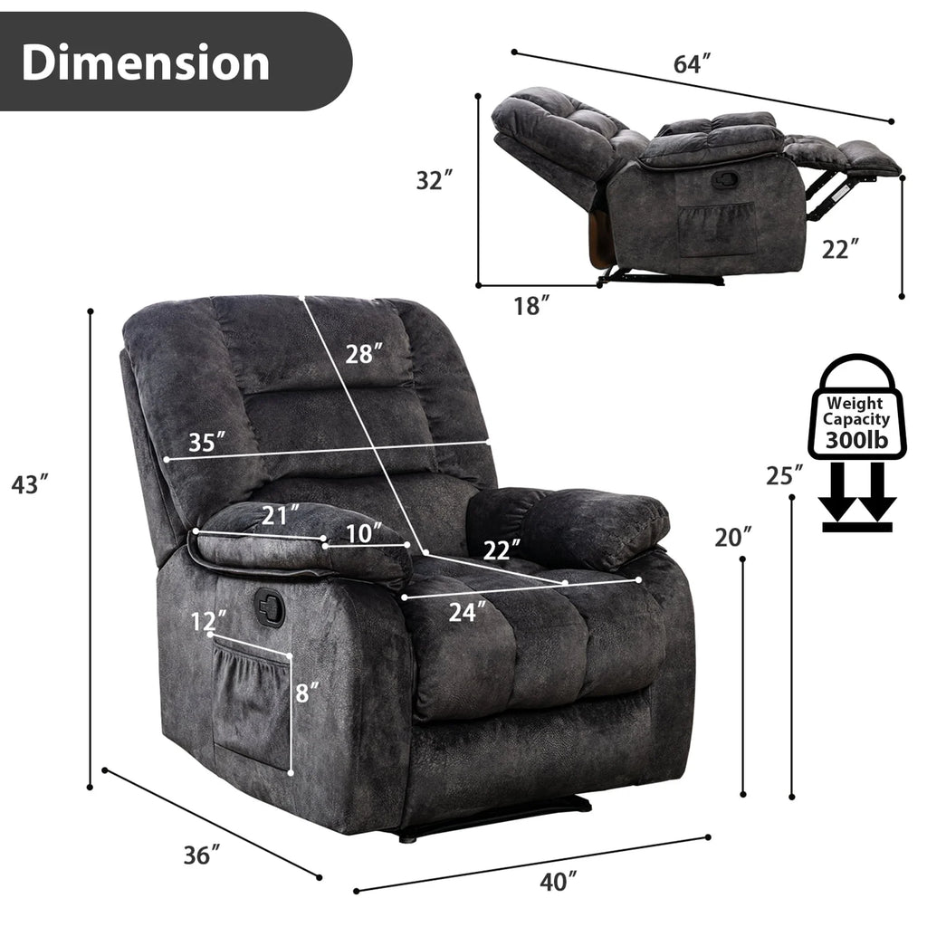 Gray Fabric Manual Recliner with Massage and Heat A666