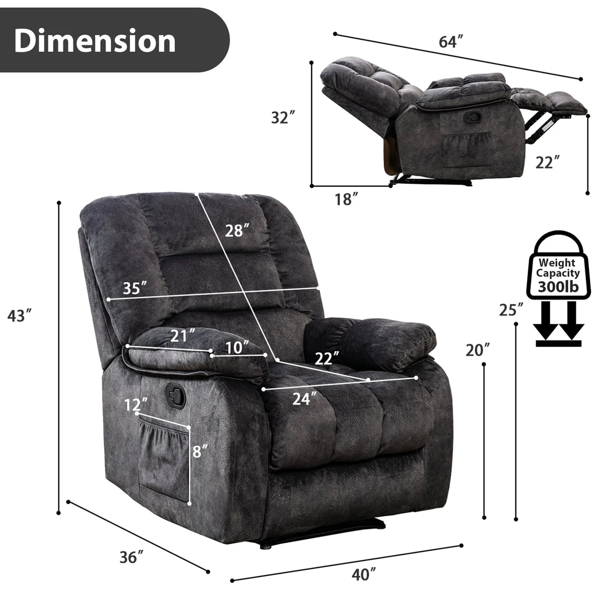 Gray Fabric Manual Recliner with Massage and Heat A666
