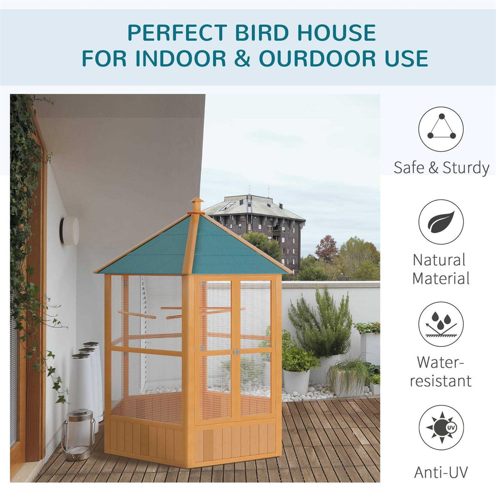 Large Wooden Hexagonal Outdoor Aviary Bird Cage with Covered Roof C3084