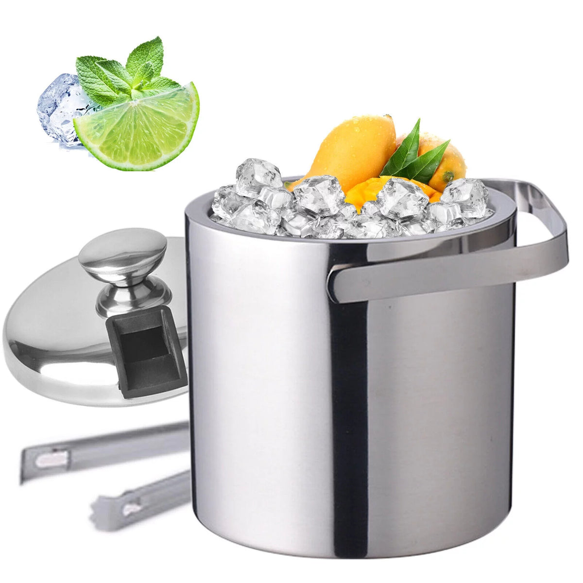 Stainless Steel Insulated Ice Bucket 1.3L with Lid Strainer and Ice Tong M17769