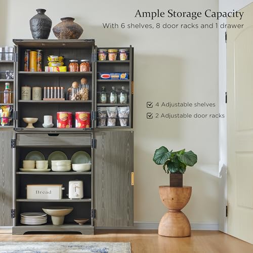 Natural Oak 72" Tall Wood Pantry Cabinet with 4 Doors U360