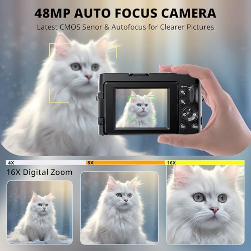 4K 48MP Compact Digital Camera with 16X Zoom, Black W74097