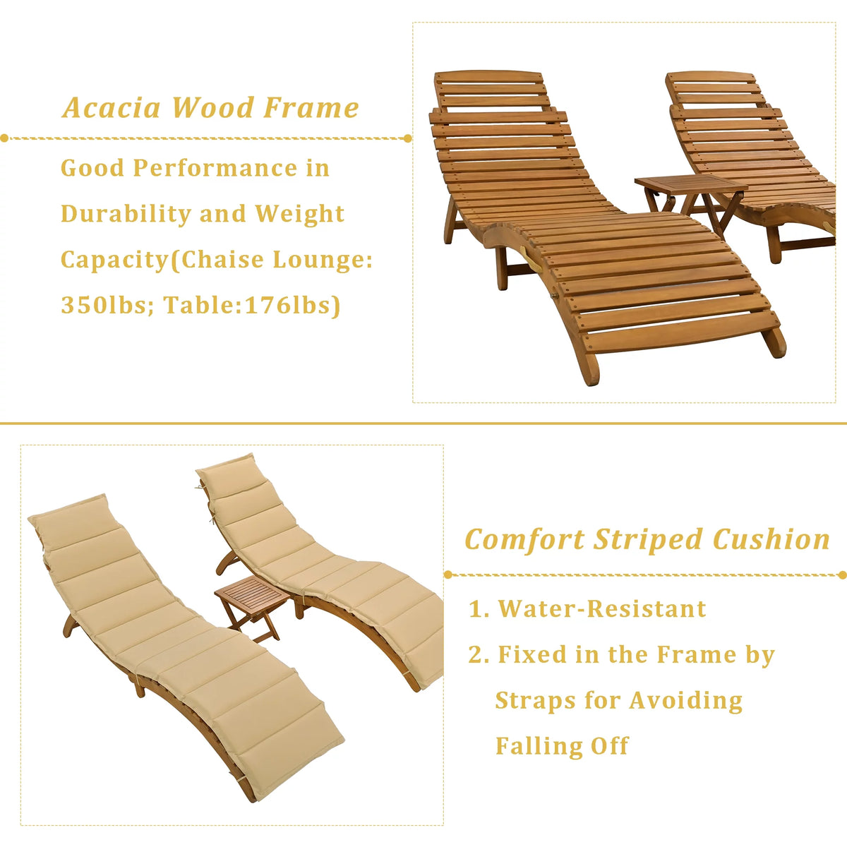 Portable Wood Chaise Lounge Set with Foldable Tea Table F520