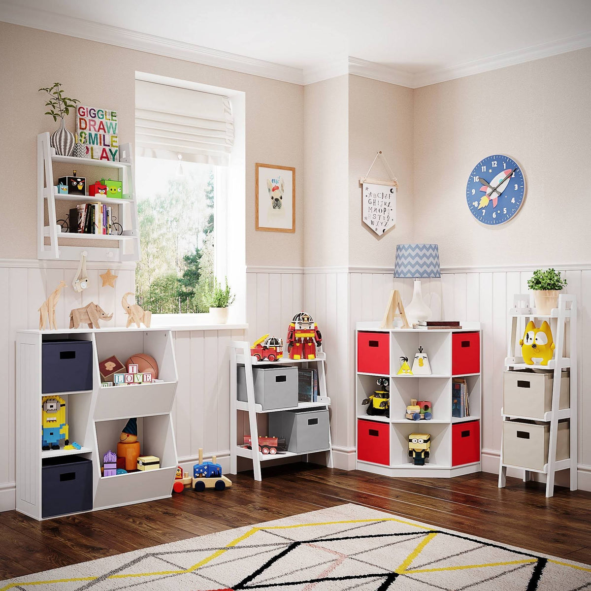 5pc Kids Corner Cabinet Set with 4 Bins White/Beige S37032