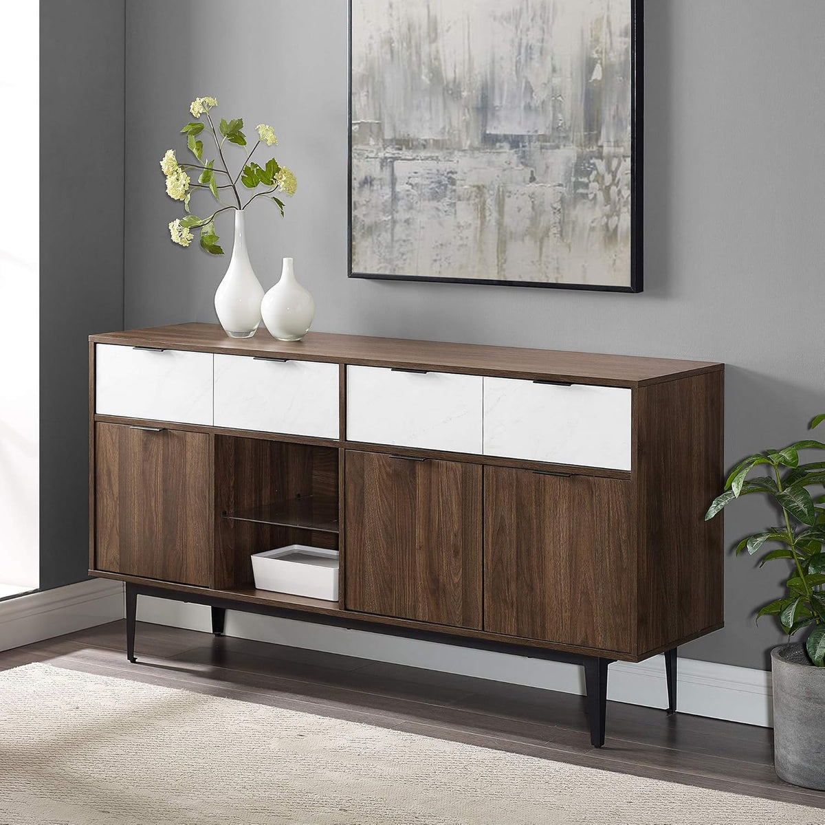 4 Drawer Wood Buffet Sideboard Storage Cabinet, 60 Inch, Dark Walnut M944