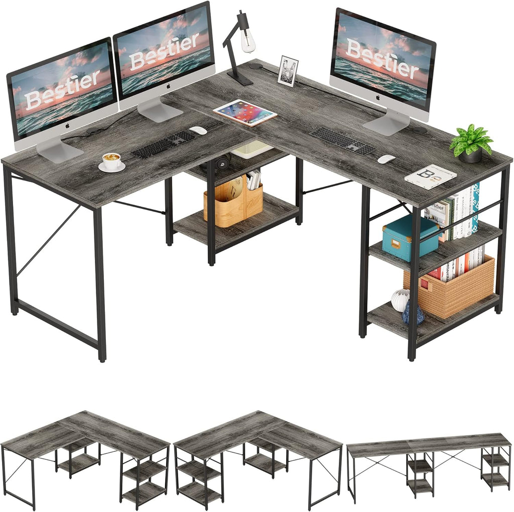 95.2 Inch Reversible L Shaped Desk with Shelves Grey Oak T893