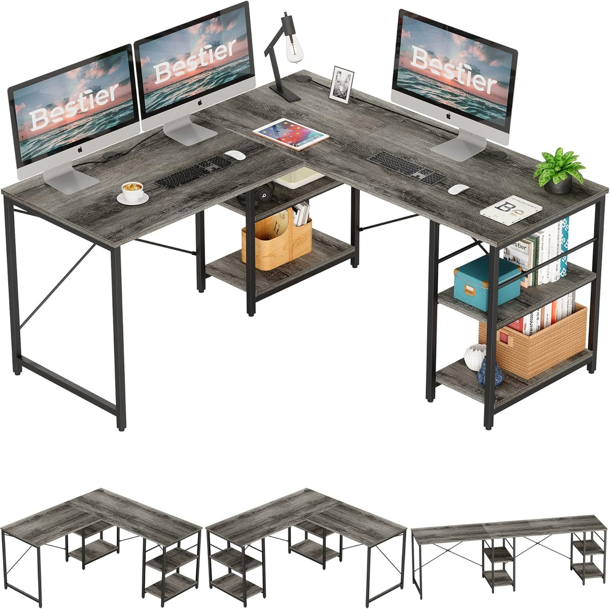 95.2 Inch Reversible L Shaped Desk with Shelves Grey Oak T893