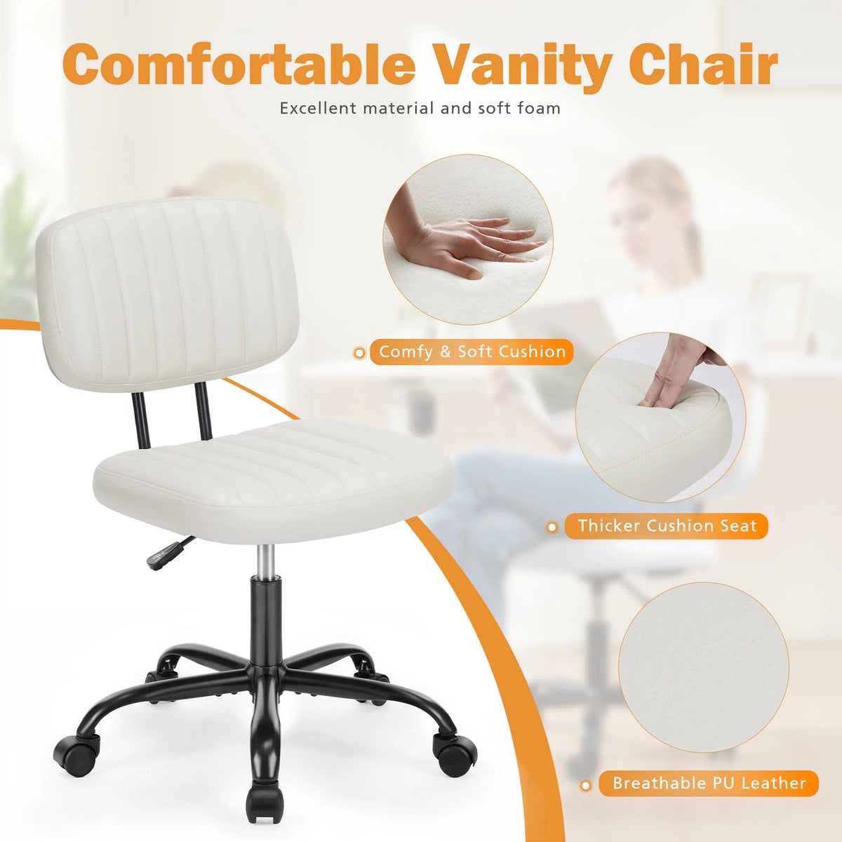 White PU Leather Low Back Task Chair with Wheels A528