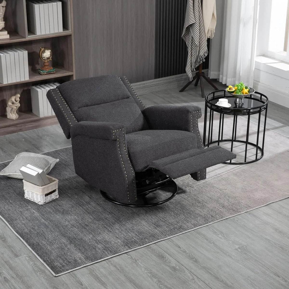Black Teddy Fabric Swivel Recliner Chair I812016