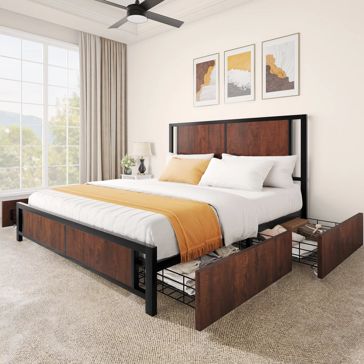 Queen Size Metal Platform Bed Frame with 4 Drawers H964324
