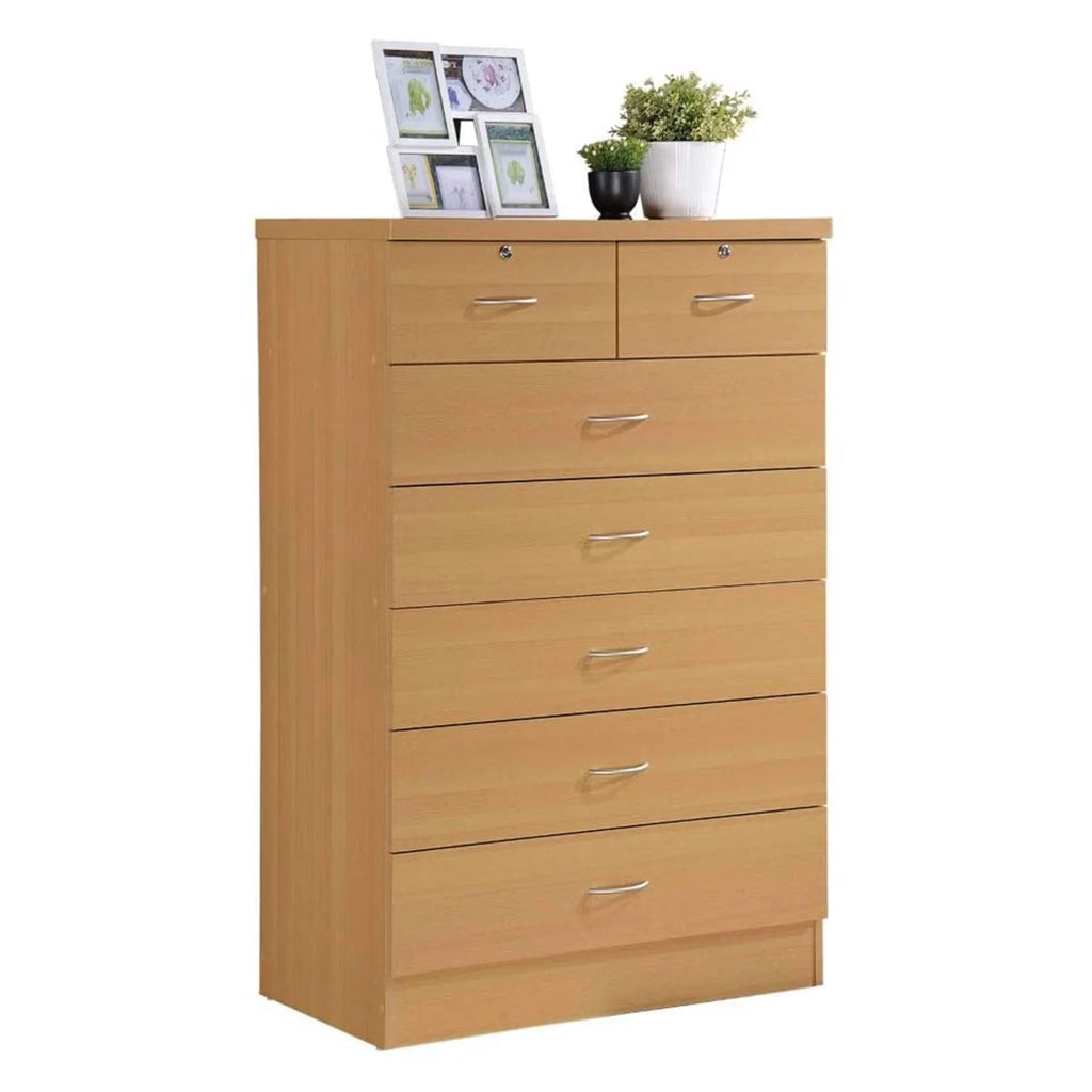 7 Drawer Wooden Dresser Chest with 2 Top Locks, Cherry X75455