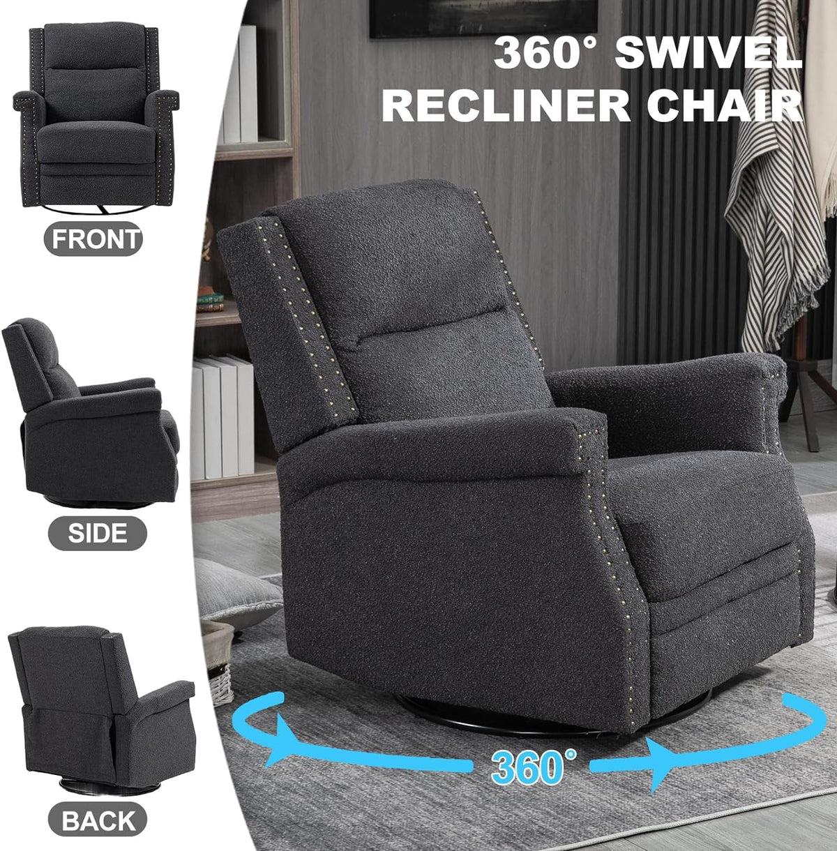 Black Teddy Fabric Swivel Recliner Chair I812016