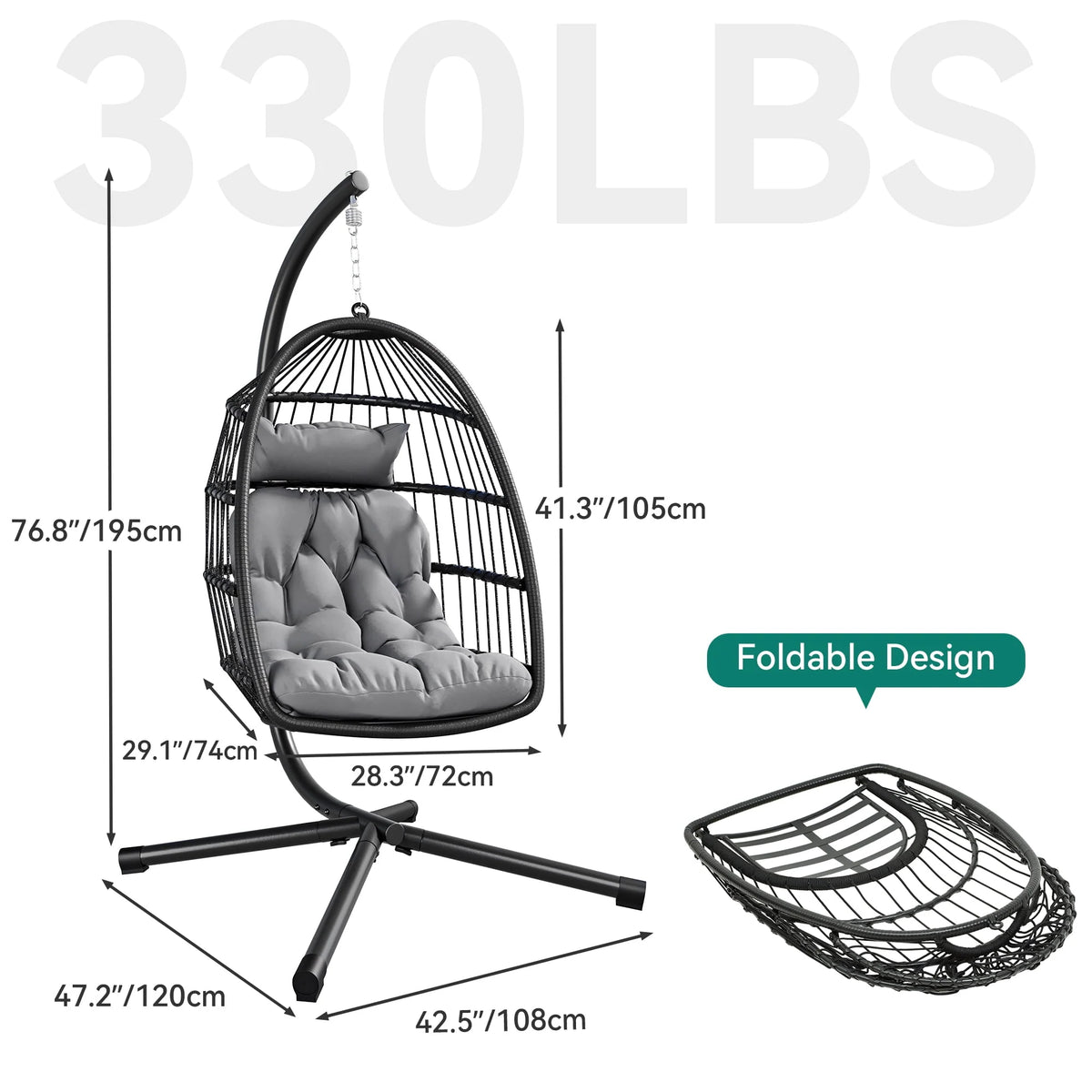 Hanging Egg Swing Chair with Stand Wicker Dark Gray M2506