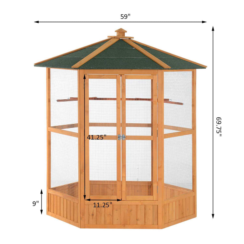 Large Wooden Hexagonal Outdoor Aviary Bird Cage with Covered Roof C3084
