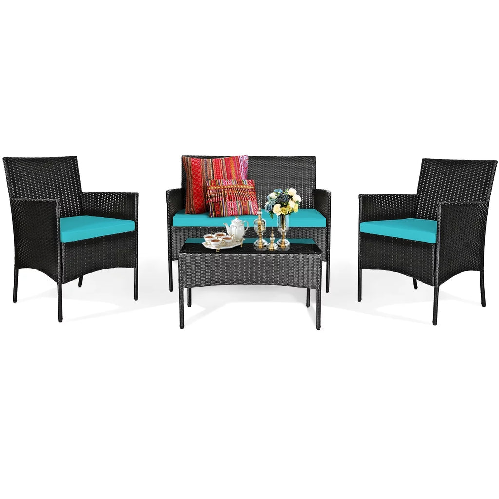 4 Pieces Patio Rattan Furniture Set Cushioned White H710219