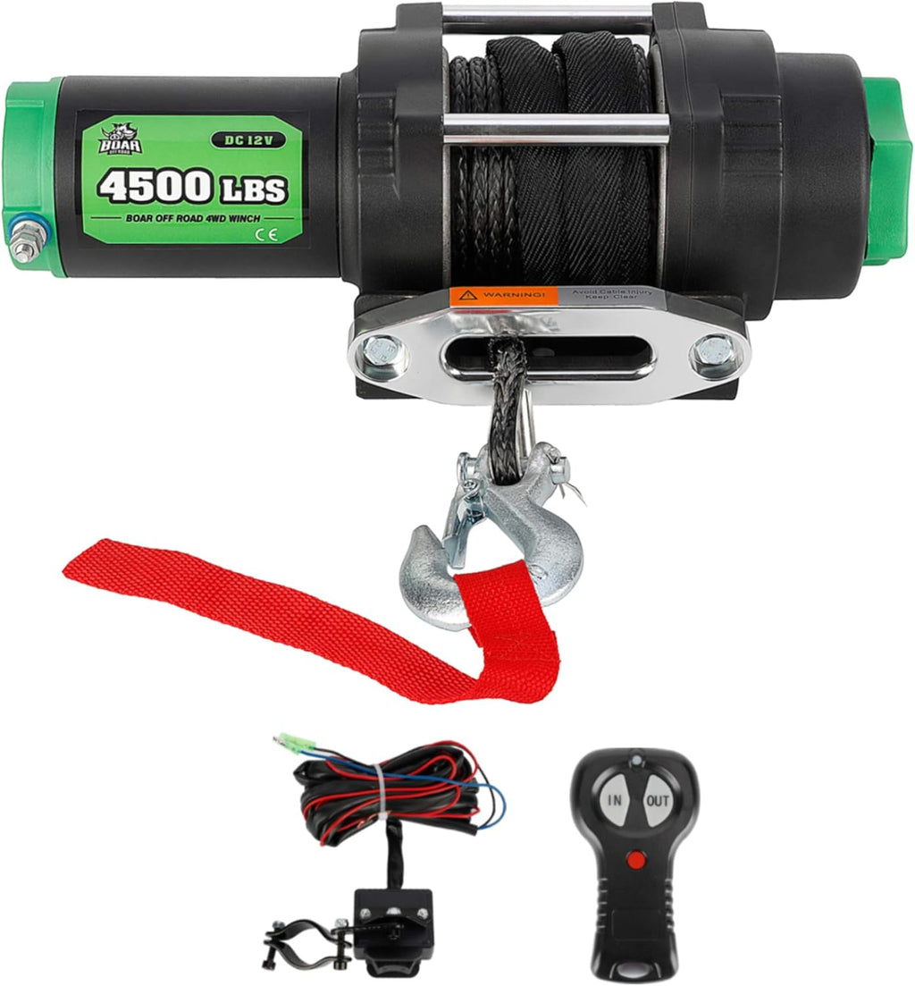 4500-lb. Load Capacity Electric Winch Kit, 12V Synthetic Rope Winch with Hawse Fairlead, Waterproof IP67 Towing Winches with Both Wireless Handheld Remote and Corded Control P876