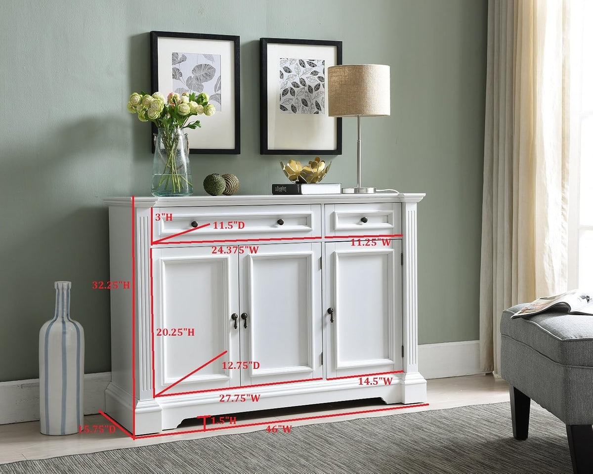 White Wood Buffet Cabinet with Drawers and Shelves V826