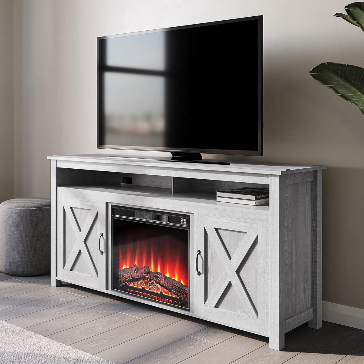 Wood Electric Fireplace TV Stand for TVs up to 55 Inches with Shelves and Cabinets A92697