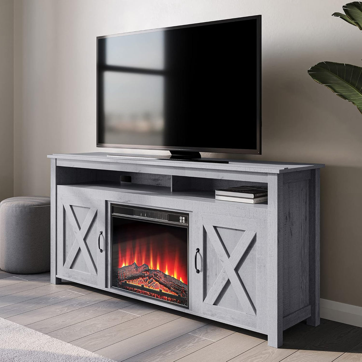 Wood Electric Fireplace TV Stand for TVs up to 55 Inches with Shelves and Cabinets A92697