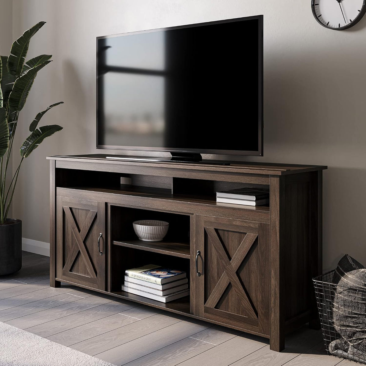 Wood Electric Fireplace TV Stand for TVs up to 55 Inches with Shelves and Cabinets A92697