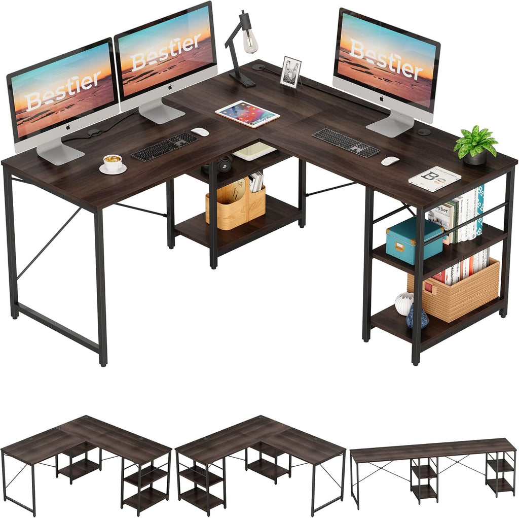95.2 Inch Reversible L Shaped Desk with Shelves Grey Oak T893