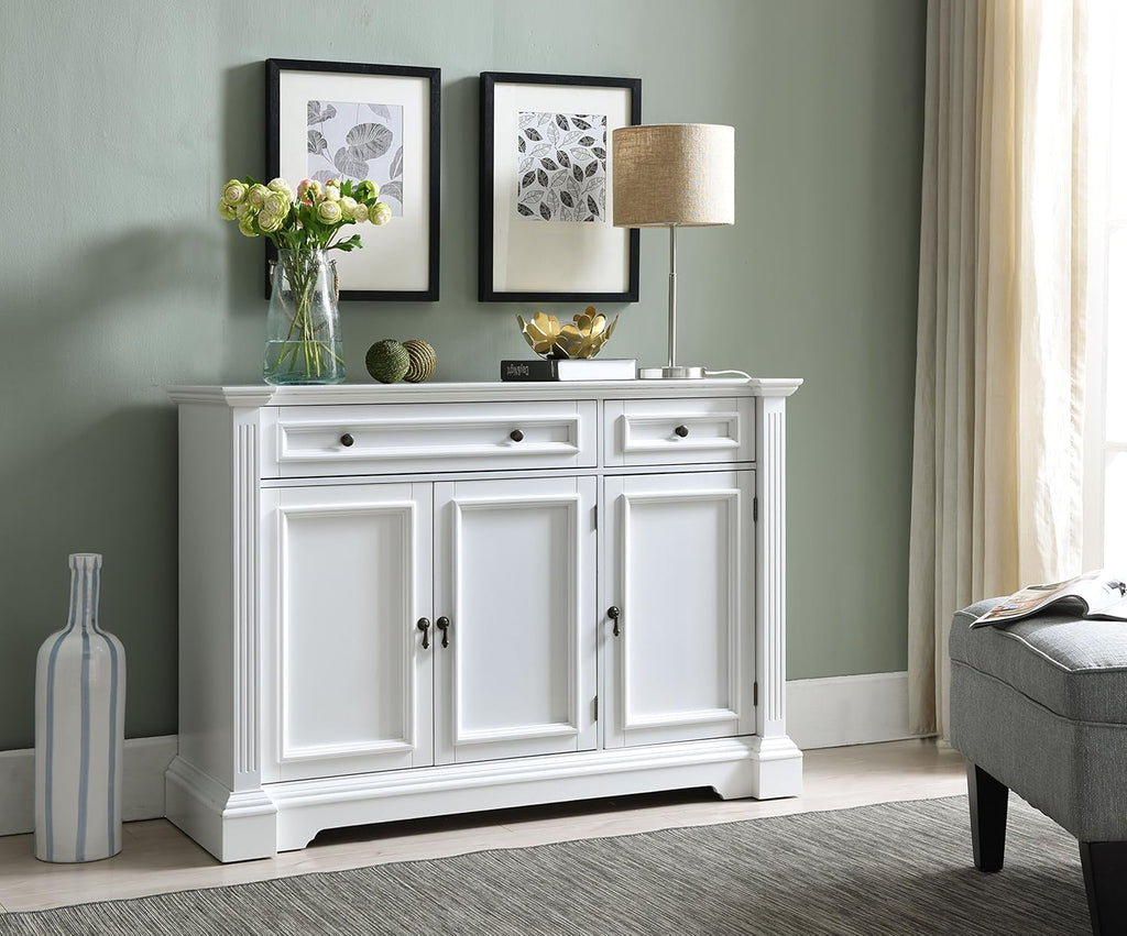 White Wood Buffet Cabinet with Drawers and Shelves V826