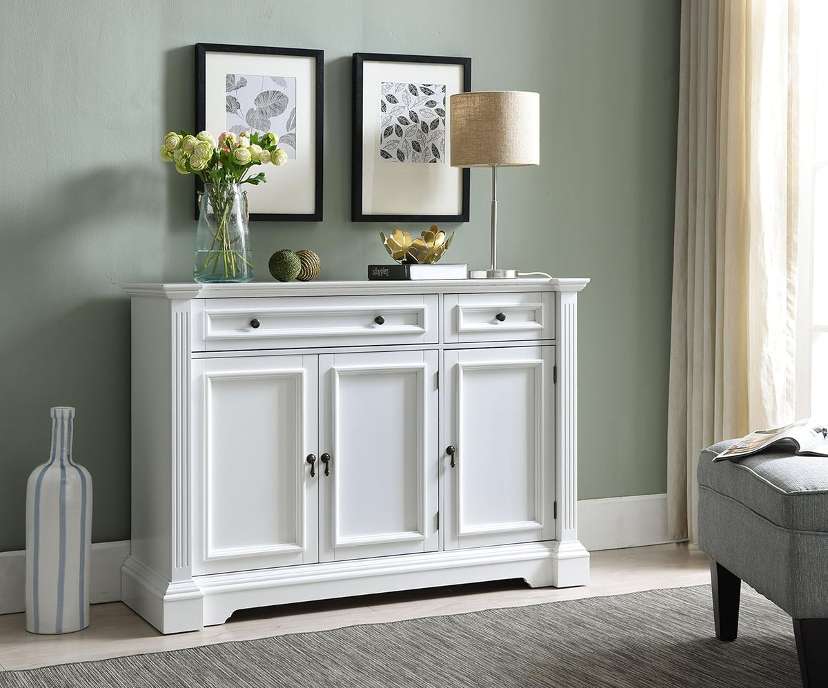 White Wood Buffet Cabinet with Drawers and Shelves V826