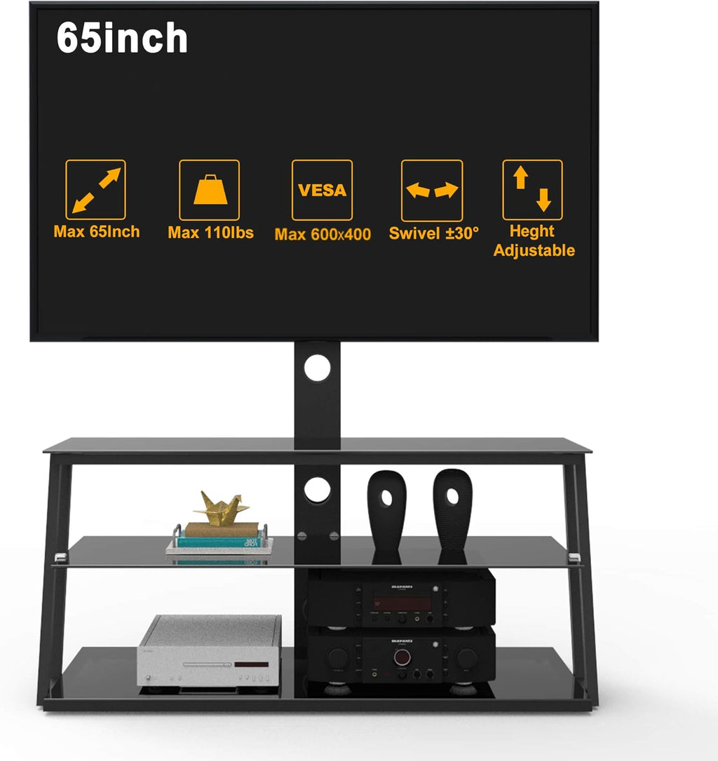 Angle and Height Adjustable Tempered Glass TV Stand, Black U870