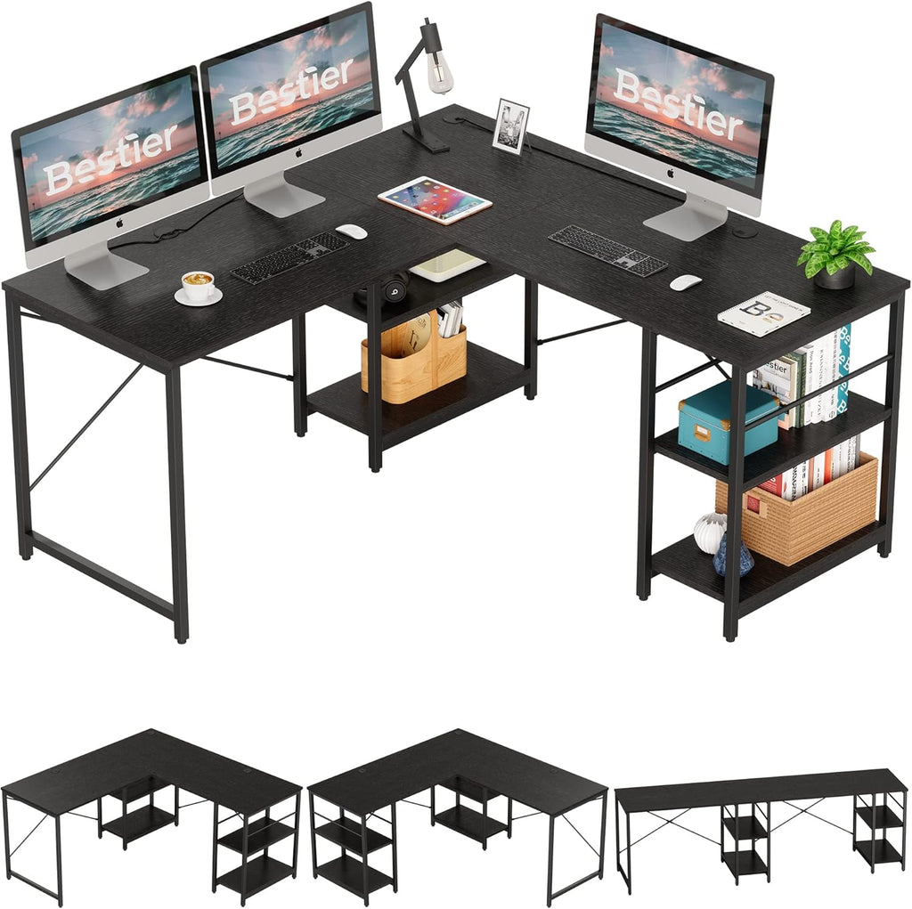 95.2 Inch Reversible L Shaped Desk with Shelves Grey Oak T893