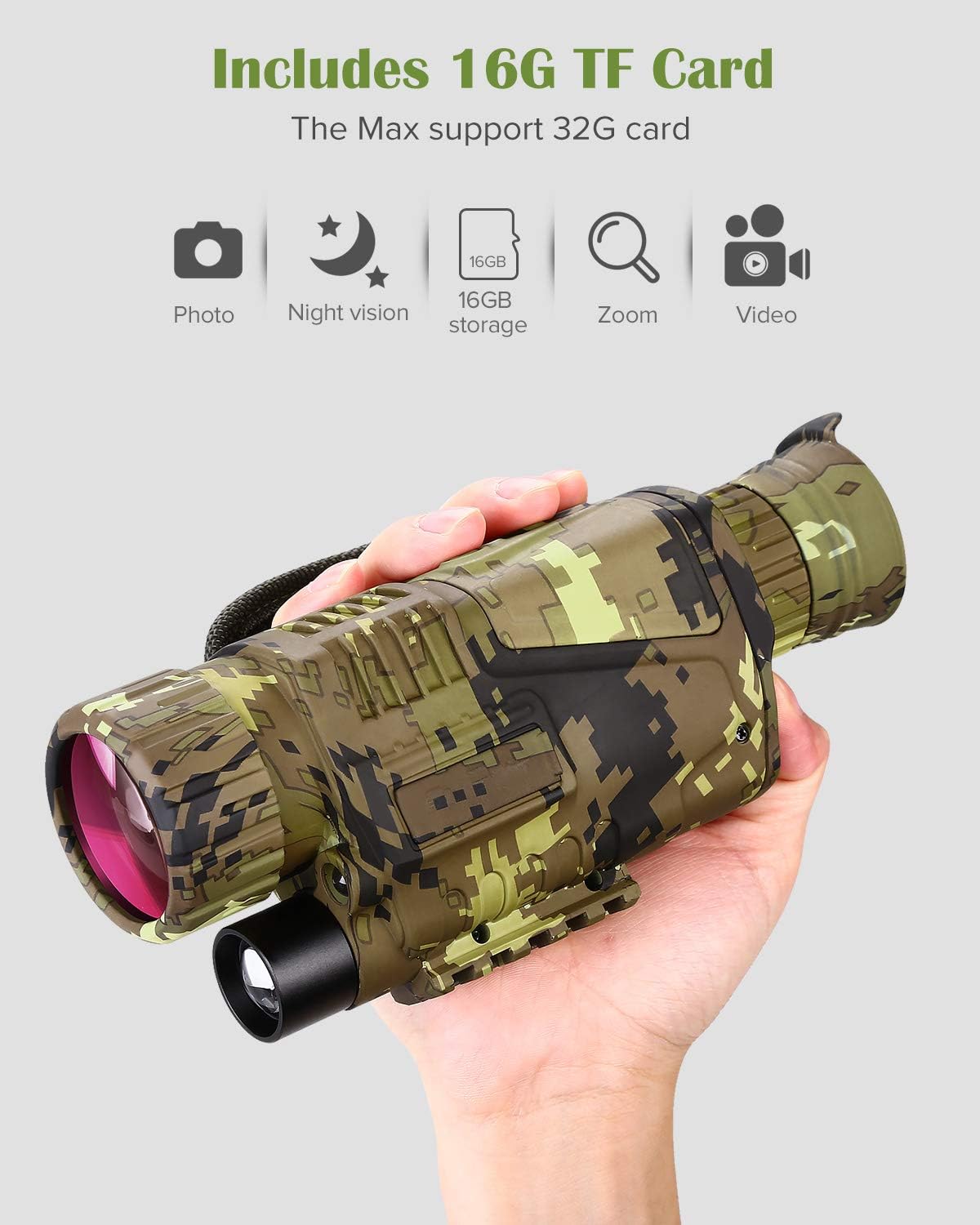 Night Vision Monocular Digital 5x8 Optics Scope 200Yards Infrared with 16GB Card U764