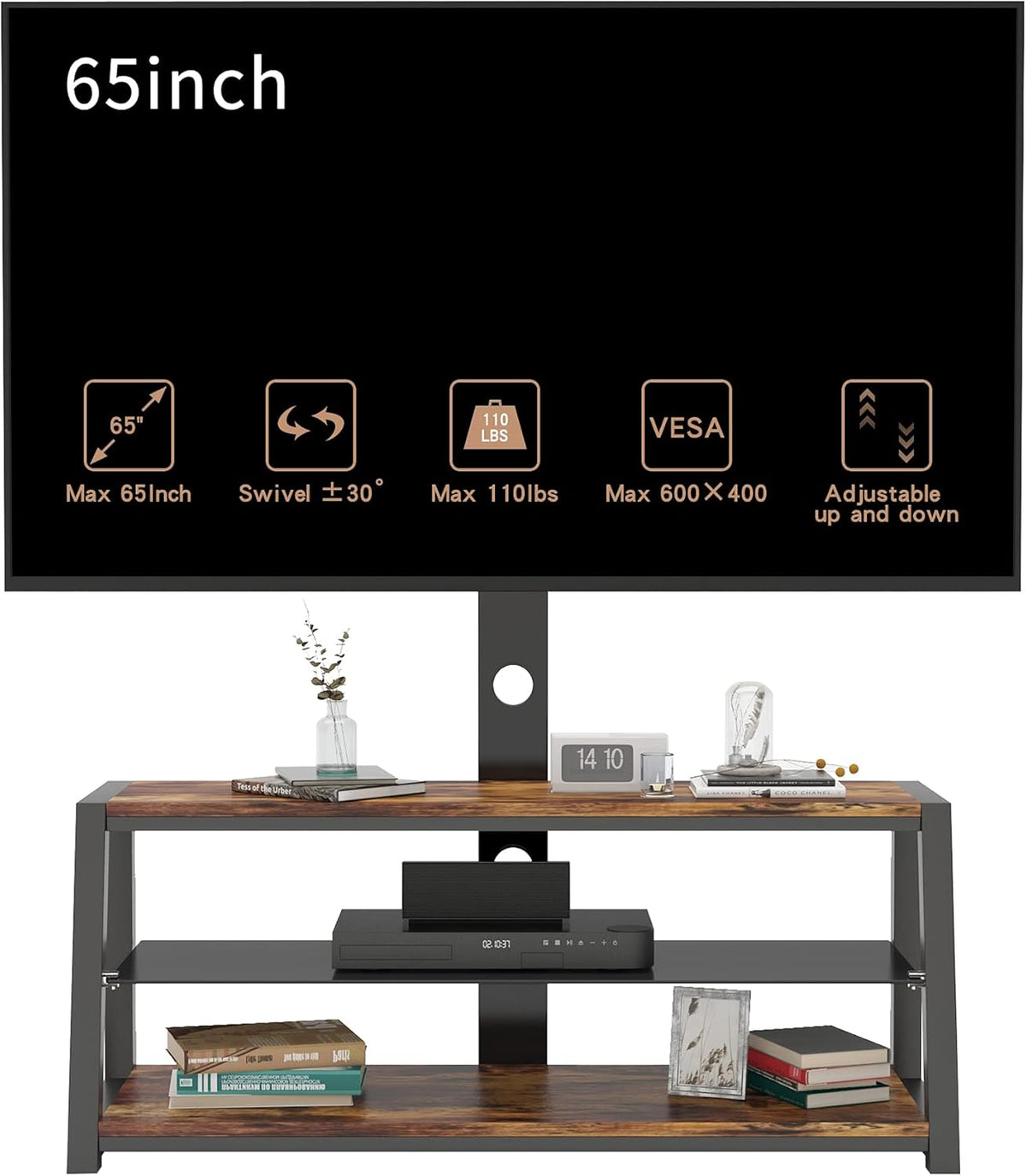 Angle and Height Adjustable Tempered Glass TV Stand, Black U870