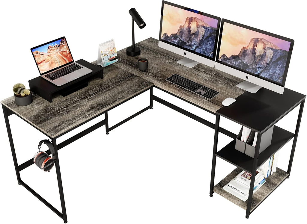 95.2 Inch Reversible L Shaped Desk with Shelves Grey Oak T893