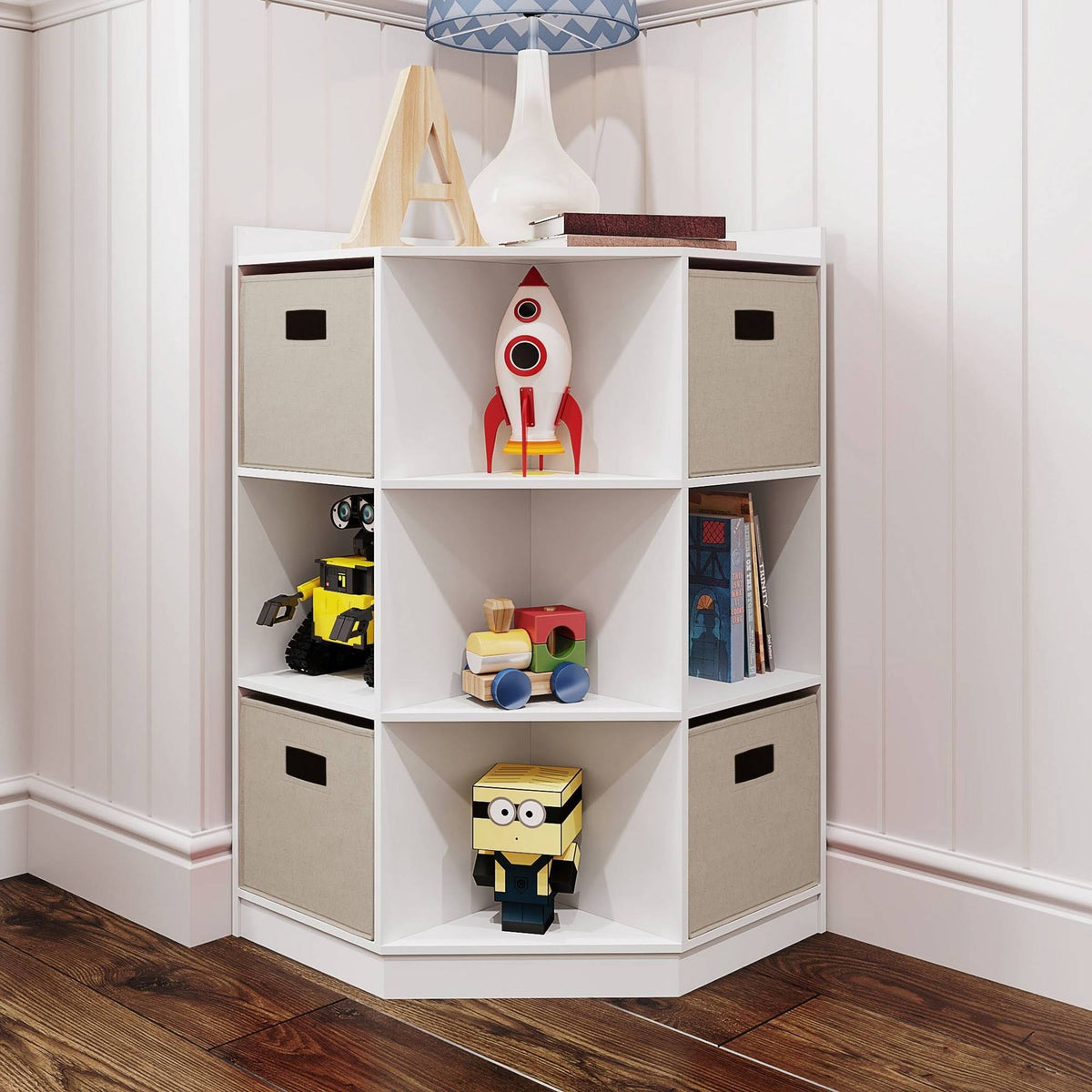 5pc Kids Corner Cabinet Set with 4 Bins White/Beige S37032