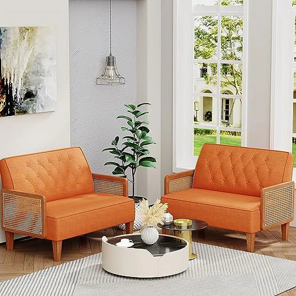 Light Grey Upholstered Loveseat with Rattan Armrest H123