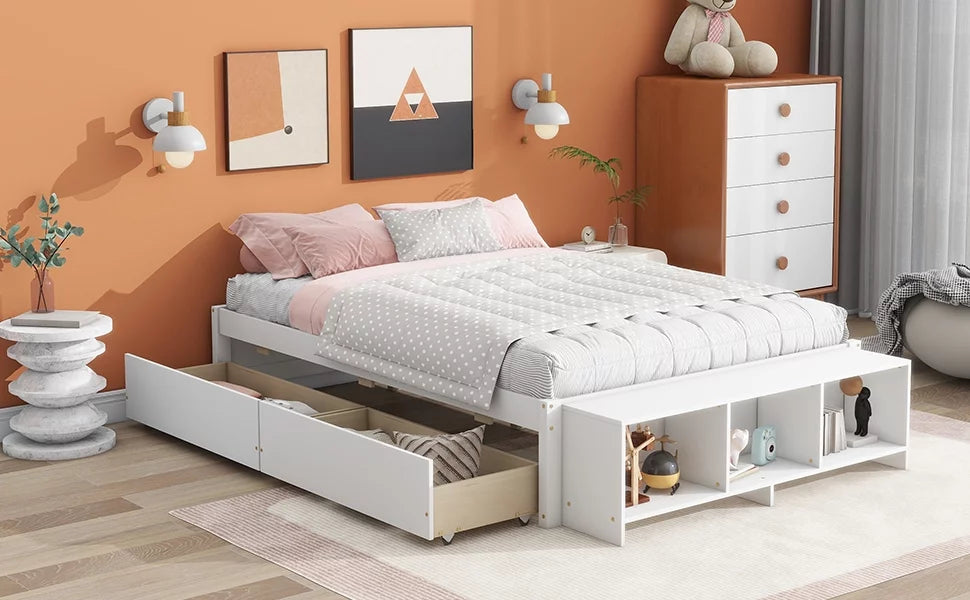 White Full Size Platform Bed with Storage Shelves and Drawer W554656