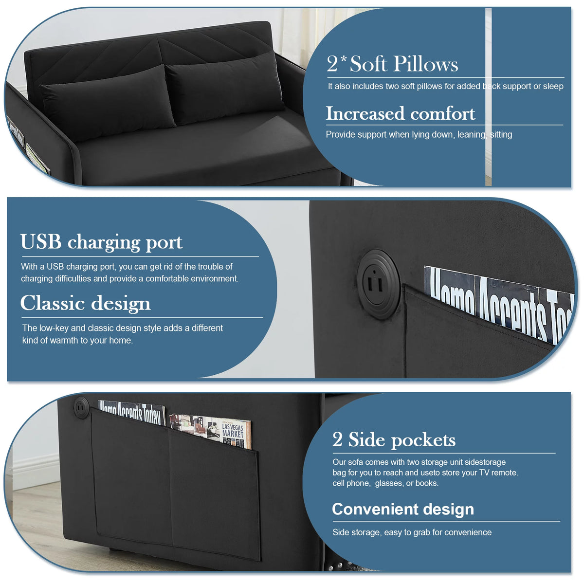 55" Black Velvet Convertible Sleeper Sofa with USB Ports H529077